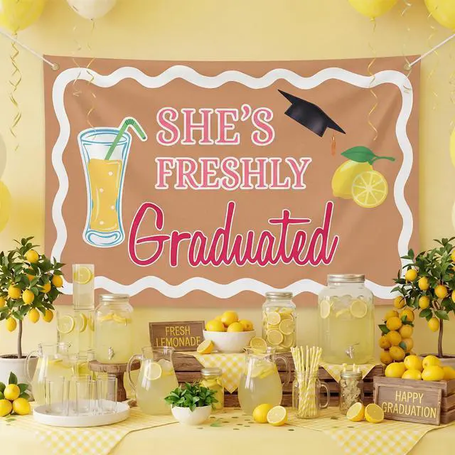 Alt view image 4 of 5 - 2026 Graduation Lemonade Bar Decoration 70.87 x 43.31 inch She's Freshly Graduated Backdrop Fun Congrats Grad Banner for Lemonade Bar Graduate Party Supplies Photo Booth Props