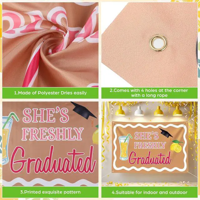 Alt view image 3 of 5 - 2026 Graduation Lemonade Bar Decoration 70.87 x 43.31 inch She's Freshly Graduated Backdrop Fun Congrats Grad Banner for Lemonade Bar Graduate Party Supplies Photo Booth Props