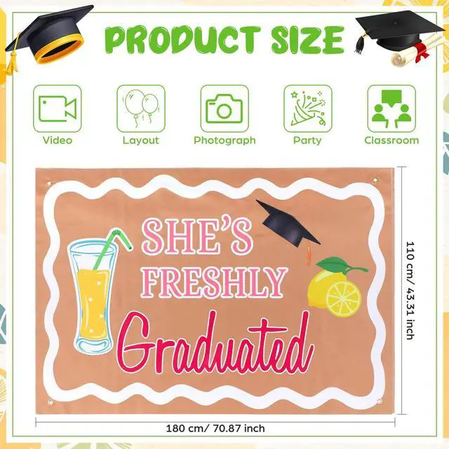 Alt view image 2 of 5 - 2026 Graduation Lemonade Bar Decoration 70.87 x 43.31 inch She's Freshly Graduated Backdrop Fun Congrats Grad Banner for Lemonade Bar Graduate Party Supplies Photo Booth Props