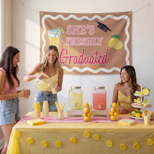 Alt view image 5 of 5 - 2026 Graduation Lemonade Bar Decoration 70.87 x 43.31 inch She's Freshly Graduated Backdrop Fun Congrats Grad Banner for Lemonade Bar Graduate Party Supplies Photo Booth Props