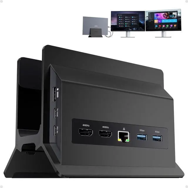Main image of USB C Laptop Docking Station Dual Monitor, 11 in 1 Vertical Dock with 2 HDMI 4K, 3 USB A/C 10Gbps, 2USB-A 5Gbps, USB A 2.0, Ethernet, Docking Station Stand for Type-C Laptops - Black