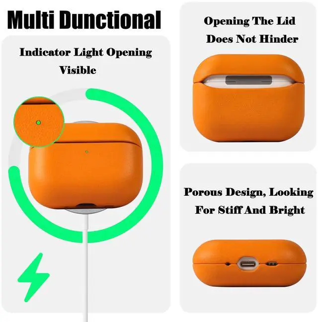 Alt view image 2 of 6 - for AirPods Pro 3 (2025) 100% Genuine Leather Case,Full-Grain Leather Cover Case,Handmade Top,Shockproof Protective,Wireless Charging,for AirPods Pro 3rd Gen (Orange, No Rope)