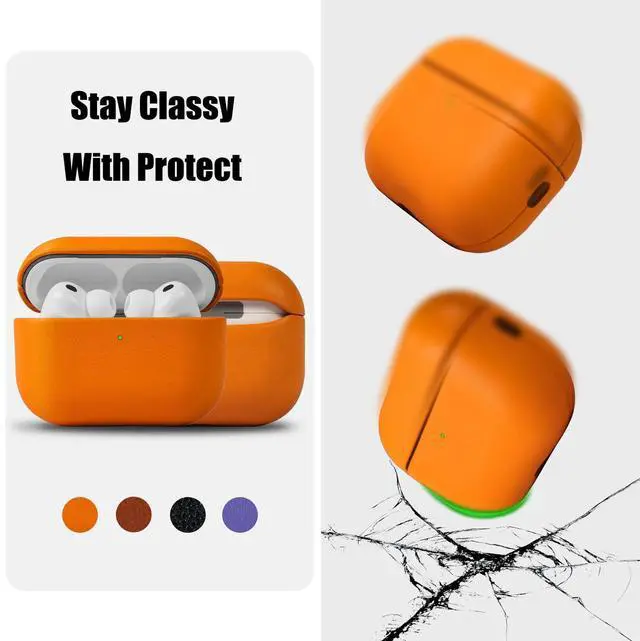Alt view image 3 of 6 - for AirPods Pro 3 (2025) 100% Genuine Leather Case,Full-Grain Leather Cover Case,Handmade Top,Shockproof Protective,Wireless Charging,for AirPods Pro 3rd Gen (Orange, No Rope)