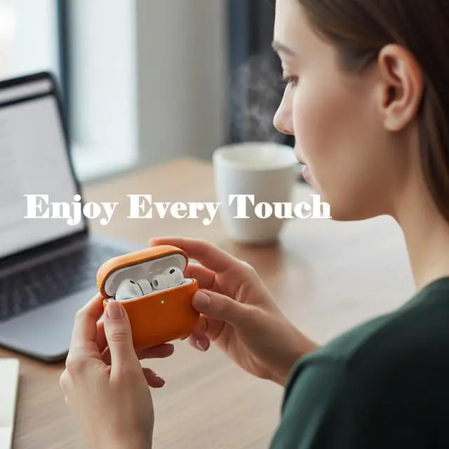 Alt view image 6 of 6 - for AirPods Pro 3 (2025) 100% Genuine Leather Case,Full-Grain Leather Cover Case,Handmade Top,Shockproof Protective,Wireless Charging,for AirPods Pro 3rd Gen (Orange, No Rope)