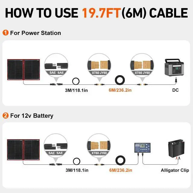 Alt view image 3 of 7 - XT60 Extension Cable, 19.7 ft, Male-to-Female, 12V/24V | Soft silicone copper cable, 19.7 ft (6 m), with male and female XT60 connectors; for solar panels and power stations