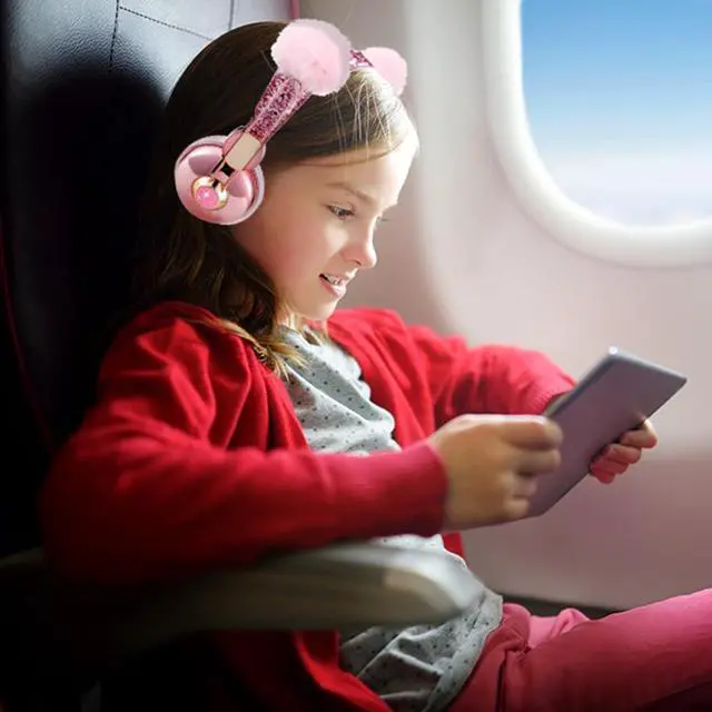 Alt view image 2 of 6 - Kids Headphones for Girls, Cute Bear Ear Headphones with Microphone, 3.5mm Jack Wired Girls Headphones for School/Travel/iPad/Tablet (Pink)