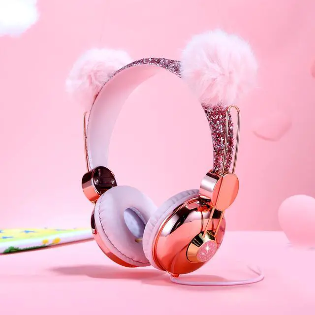 Alt view image 3 of 6 - Kids Headphones for Girls, Cute Bear Ear Headphones with Microphone, 3.5mm Jack Wired Girls Headphones for School/Travel/iPad/Tablet (Pink)