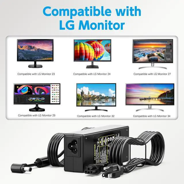 Alt view image 7 of 7 - 19V 76W Monitor Adapter for Selected LG Monitors, 6.5x4.4mm Tip | Check model, 19V label, 76W range, 6.5x4.4mm center-pin tip, and US 3-prong plug before buying