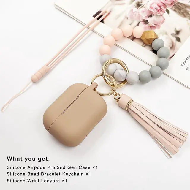 Alt view image 6 of 7 - Compatible with Airpods Pro 2nd Generation Case Cover 2022, Soft Silicone Protective Cover with Bracelet Keychain for Apple Airpods Pro 2 Case for Women (Milk Tea)