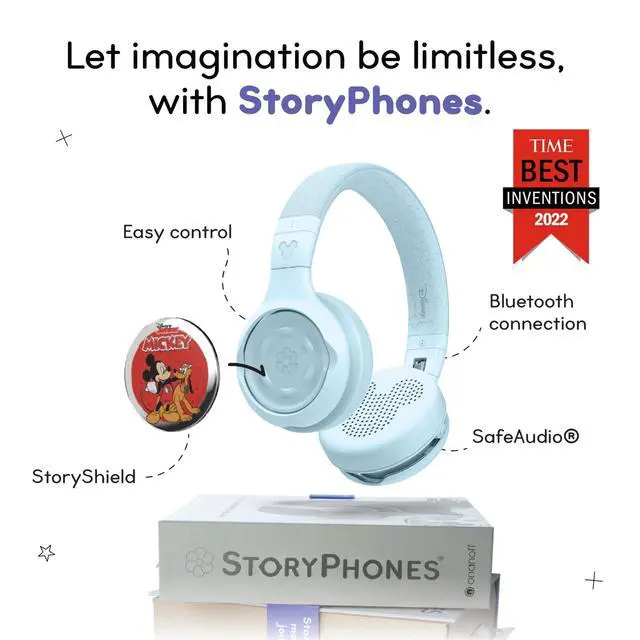Alt view image 2 of 7 - Disney Kids Bluetooth Foldable Headphones: Use Wired or Wireless for Travel, Education, and Screen-Free Entertainment | Includes Mickey Mouse StoryShield, Blue