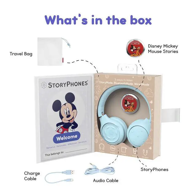 Alt view image 6 of 7 - Disney Kids Bluetooth Foldable Headphones: Use Wired or Wireless for Travel, Education, and Screen-Free Entertainment | Includes Mickey Mouse StoryShield, Blue