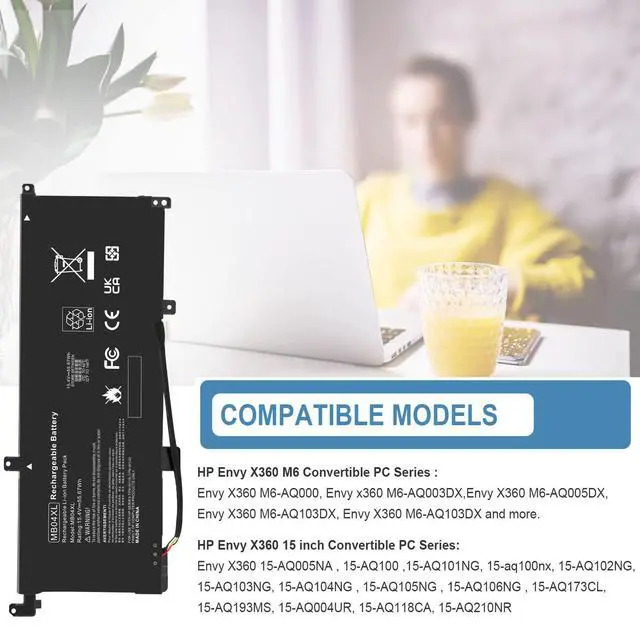 Alt view image 2 of 7 - MB04XL Battery for HP Envy X360 M6-AQ105DX M6-AQ103DX M6-AQ005DX M6-AQ003DX M6-AR004DX 15-AQ273CL 15-AQ100NX 15-AQ267CL 15-AQ015NR 15-AQ173CL 15T-AQ100 15T-AQ200 844204-850 843538-541,55.67Wh