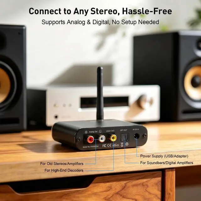 Alt view image 5 of 7 - DS200Plus Bluetooth 5.3 Receiver for Home Stereo with Audiophile DAC | HiFi Wireless Audio Adapter with LDAC, aptX HD & Low Latency, Long Range, Optical Coaxial RCA Outputs