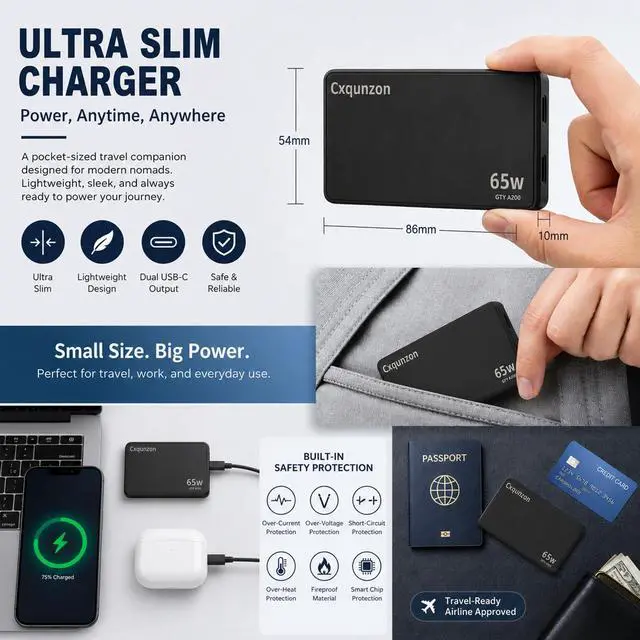 Alt view image 6 of 7 - 65W USB C Charger Flat, Slim GaN Compact Fast PPS Wall Charger for Nintendo Switch 2,Steam Deck, ROG Ally,iPhone 17/16/15/14, MacBook Air, iPad Pro (Black, USB-A+USB-C)