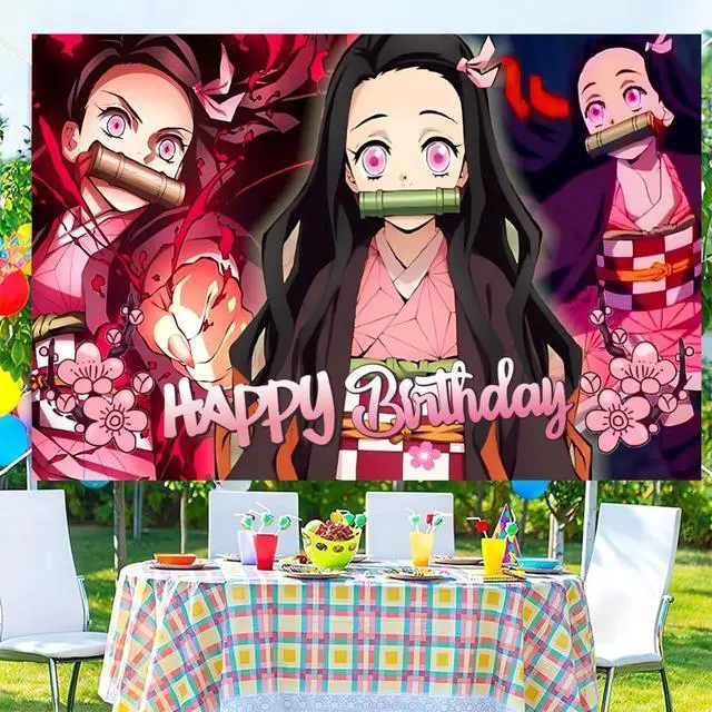 Alt view image 2 of 6 - Birthday Nezuko Party Decorations, 5x3ft Demon Happy Birthday Back Drop Banner Theme Backdrop Banner for Slayer Party Decorations Indoor Outdoor