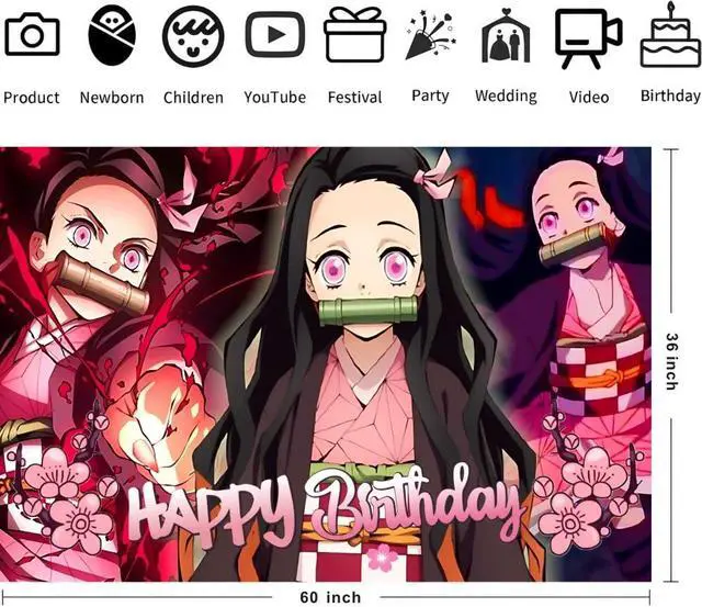 Alt view image 3 of 6 - Birthday Nezuko Party Decorations, 5x3ft Demon Happy Birthday Back Drop Banner Theme Backdrop Banner for Slayer Party Decorations Indoor Outdoor