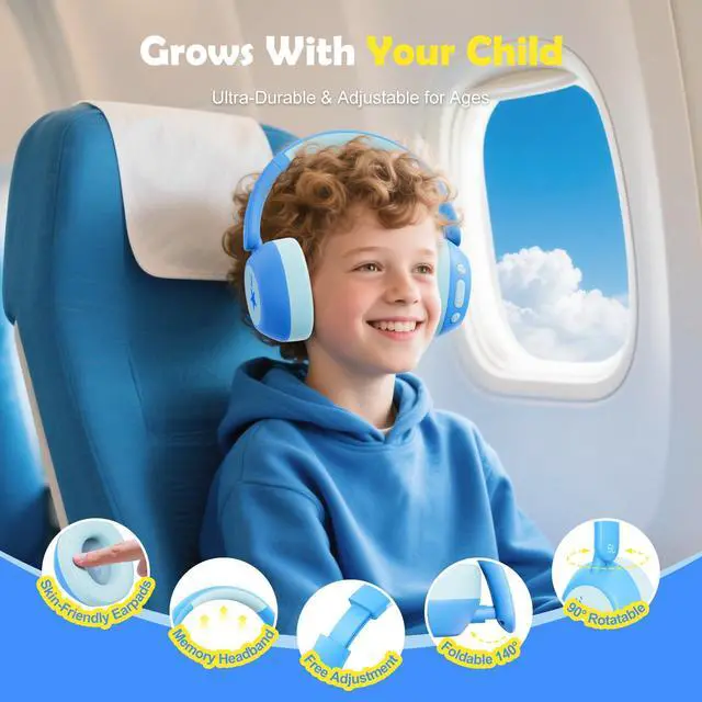 Alt view image 7 of 7 - Nova1Star Active Noise Cancelling Headphones for Kids, 70H Play Time,Bluetooth6.0,3-Level Volume 75/85/94dB,ANC Safe Wireless Listen, Fast Charging,with Mic,for School,Travel & Airplane