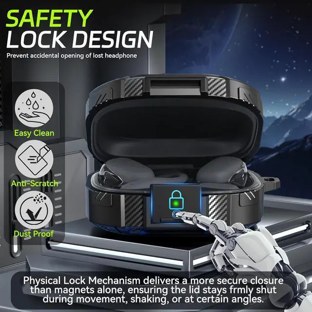Alt view image 4 of 6 - for SHOKZ OpenFit 2 Case with Secure Lock, Shock Protective Hard Shell Case Compatible with SHOKZ OpenFit 2 Open-Ear Headphones Case Cover with Keychain & Cleaning Kit, Black