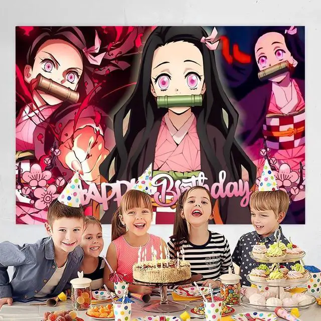 Alt view image 6 of 6 - Birthday Nezuko Party Decorations, 5x3ft Demon Happy Birthday Back Drop Banner Theme Backdrop Banner for Slayer Party Decorations Indoor Outdoor