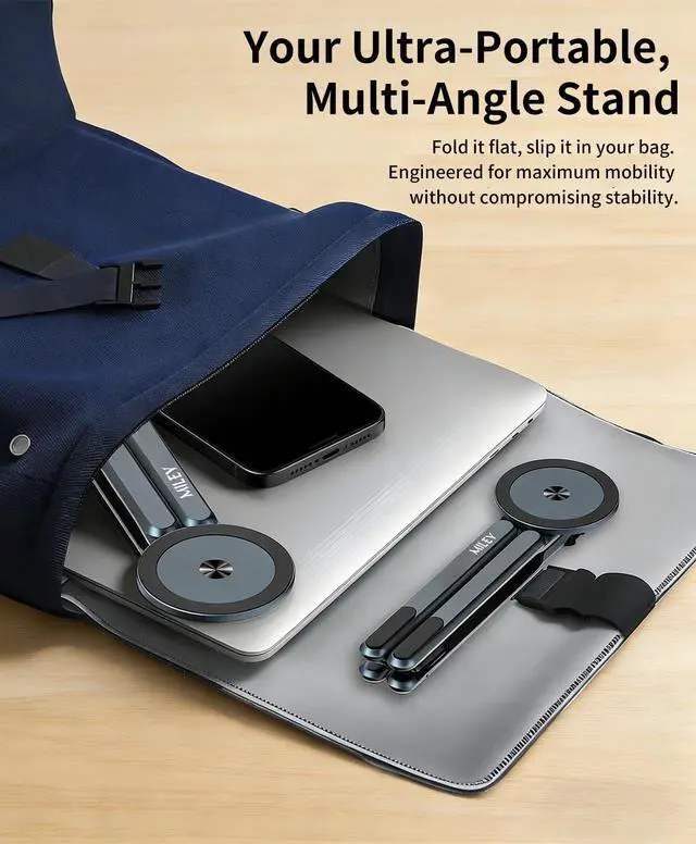 Alt view image 6 of 7 - Laptop Stand for Desk, 8-Level Adjustable, Magnetic Phone Mount Gray | For 1317 in laptops. Aluminum build, anti-slip support and fold-flat portability. Includes a magnetic ring and carry bag
