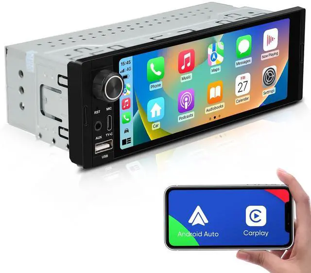 Main image of 6.36-Inch Single Din Touchscreen Car Stereo - Linux System Single Din Wired/Wireless Carplay Android Auto,1080P HD GPS Navigation Handsfree Calling, SWC/FM/BT