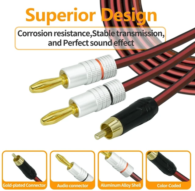 Alt view image 3 of 7 - 2Pack RCA to Banana Plug Speaker Cable 14AWG 4N OFC Gold-Plated - Double Shielded Audio Cable for Amplifier, Subwoofer, Home Theater 16.4FT