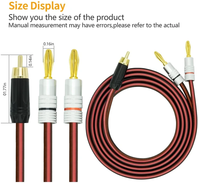 Alt view image 4 of 7 - 2Pack RCA to Banana Plug Speaker Cable 14AWG 4N OFC Gold-Plated - Double Shielded Audio Cable for Amplifier, Subwoofer, Home Theater 16.4FT