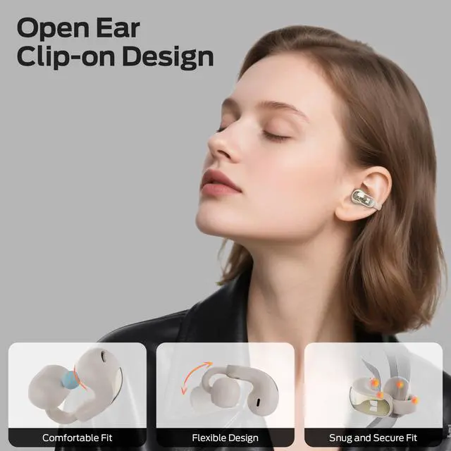 Alt view image 2 of 7 - Open Ear AC228 Headphones, Clip-On Earbuds, Adaptive Comfort, Immersive Audio, Bluetooth 6.0 Open Ear Earbuds with 30H Playtime, IPX5 Water Resistant - White