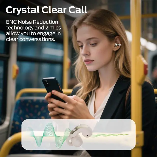 Alt view image 5 of 7 - Open Ear AC228 Headphones, Clip-On Earbuds, Adaptive Comfort, Immersive Audio, Bluetooth 6.0 Open Ear Earbuds with 30H Playtime, IPX5 Water Resistant - White