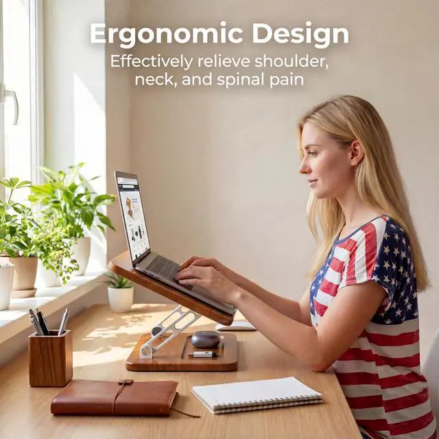 Alt view image 2 of 7 - Adjustable Laptop Desk Stand Wood with Storage Slot | Ergonomic Foldable Computer Riser Ventilated Cooling Design, Fit all 10-17 Inch Laptops & Tablets