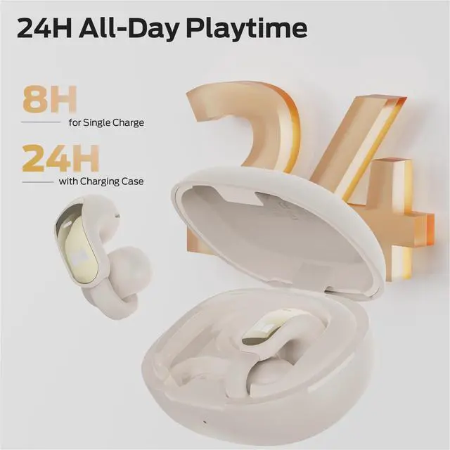Alt view image 6 of 7 - Open Ear AC228 Headphones, Clip-On Earbuds, Adaptive Comfort, Immersive Audio, Bluetooth 6.0 Open Ear Earbuds with 30H Playtime, IPX5 Water Resistant - White