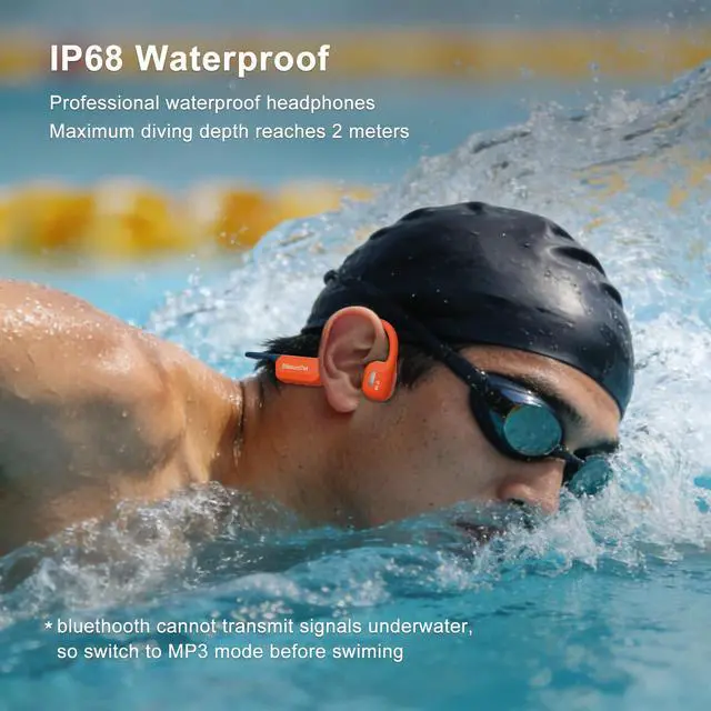 Alt view image 3 of 7 - IP68 Bone Conduction Headphones,Waterproof Swimming Headphones Bluetooth 6.0,Liquid Silicone Wireless Open Ear Headphones, Built-in 32GB MP3 Player Underwater Headphone for Running(Orange-gray)