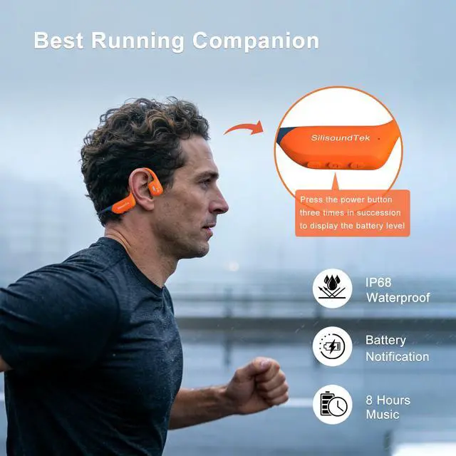 Alt view image 5 of 7 - IP68 Bone Conduction Headphones,Waterproof Swimming Headphones Bluetooth 6.0,Liquid Silicone Wireless Open Ear Headphones, Built-in 32GB MP3 Player Underwater Headphone for Running(Orange-gray)
