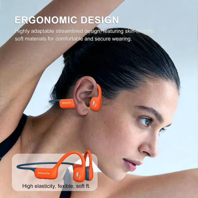 Alt view image 6 of 7 - IP68 Bone Conduction Headphones,Waterproof Swimming Headphones Bluetooth 6.0,Liquid Silicone Wireless Open Ear Headphones, Built-in 32GB MP3 Player Underwater Headphone for Running(Orange-gray)
