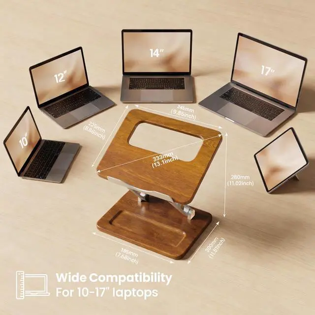 Alt view image 5 of 7 - Adjustable Laptop Desk Stand Wood with Storage Slot | Ergonomic Foldable Computer Riser Ventilated Cooling Design, Fit all 10-17 Inch Laptops & Tablets