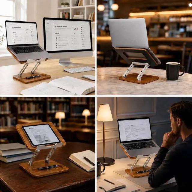 Alt view image 7 of 7 - Adjustable Laptop Desk Stand Wood with Storage Slot | Ergonomic Foldable Computer Riser Ventilated Cooling Design, Fit all 10-17 Inch Laptops & Tablets
