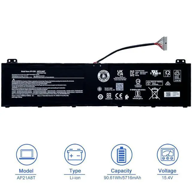Alt view image 2 of 6 - AP21A8T AP21A7T 90.61Wh Laptop Battery Compatible with Acer Predator PH315-55 Nitro 5 AN517-55-78KU Helios 300 PH315-55-796N PH317-56-78SM PH317-56-78LY Series AP21A5T KT0040G014 15.4V 5716mAh