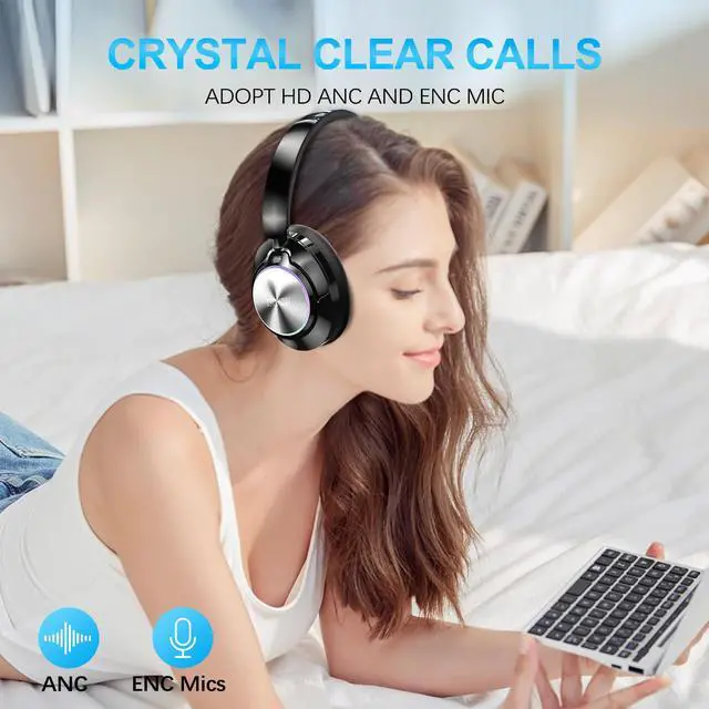 Alt view image 3 of 7 - Noise Cancelling Over Ear Wireless Bluetooth Headphones with Microphone, 65h Playtime, Clear Calls, Comfort Fit for Travel (Black)
