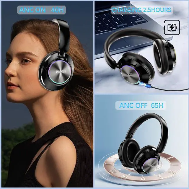 Alt view image 2 of 7 - Noise Cancelling Over Ear Wireless Bluetooth Headphones with Microphone, 65h Playtime, Clear Calls, Comfort Fit for Travel (Black)