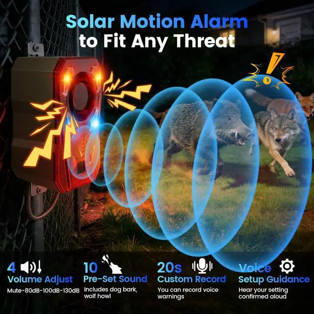 Alt view image 4 of 7 - Solar Motion Sensor Alarm Outdoor - Upgraded Radar + IR Detection | 130dB dog bark & strobe light to deter deer bear, 10 sounds, 20s record, IP65 waterproof motion detector for garden yard farm