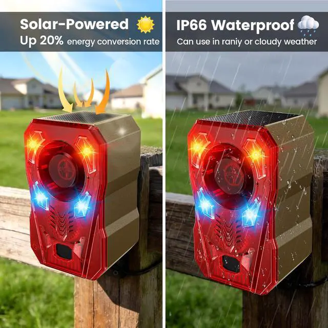 Alt view image 5 of 7 - Solar Motion Sensor Alarm Outdoor - Upgraded Radar + IR Detection | 130dB dog bark & strobe light to deter deer bear, 10 sounds, 20s record, IP65 waterproof motion detector for garden yard farm