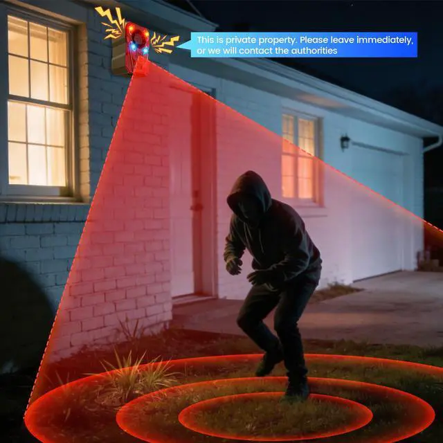 Alt view image 7 of 7 - Solar Motion Sensor Alarm Outdoor - Upgraded Radar + IR Detection | 130dB dog bark & strobe light to deter deer bear, 10 sounds, 20s record, IP65 waterproof motion detector for garden yard farm