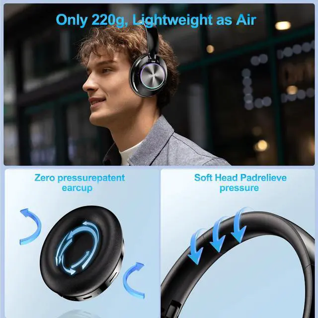 Alt view image 4 of 7 - Noise Cancelling Over Ear Wireless Bluetooth Headphones with Microphone, 65h Playtime, Clear Calls, Comfort Fit for Travel (Black)