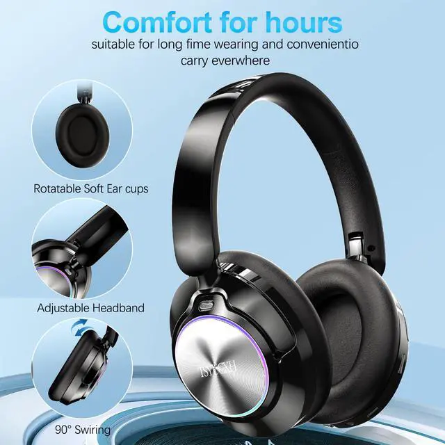Alt view image 6 of 7 - Noise Cancelling Over Ear Wireless Bluetooth Headphones with Microphone, 65h Playtime, Clear Calls, Comfort Fit for Travel (Black)