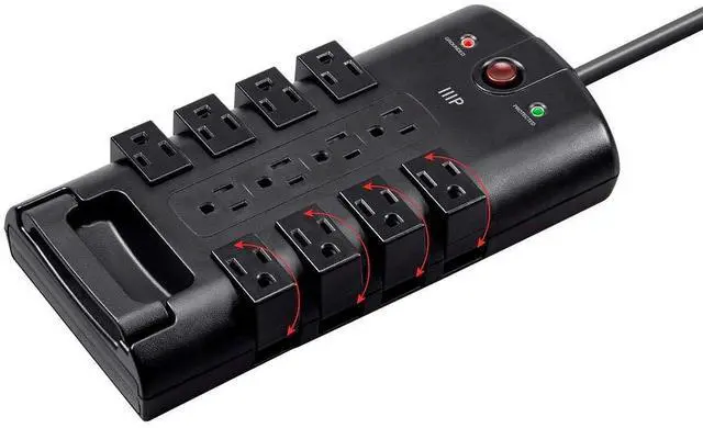 Main image of 12 Outlet Rotating Power Strip Surge Protector Block -10 Feet Heavy Duty Cord, UL Rated, 4320 Joules, 330 Volts Clamping Voltage, With Grounded And Protected Light Indicator - Black
