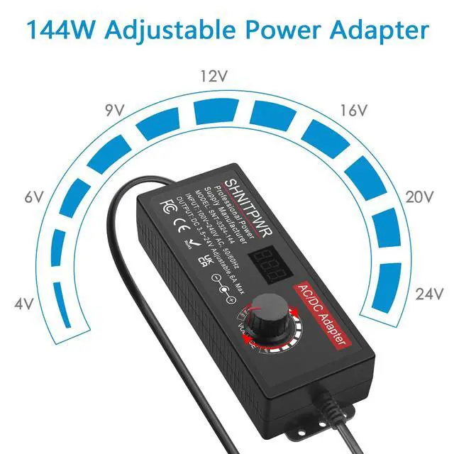 Alt view image 2 of 5 - 144W Adjustable Power Supply DC 4V-24V 6A Variable Universal AC/DC Adapter with LED Display,16-in-1 Tips,Alligator Clips,4-Way Splitter,Polarity Converter, for LED Strip,CCTV,Camera,Radio