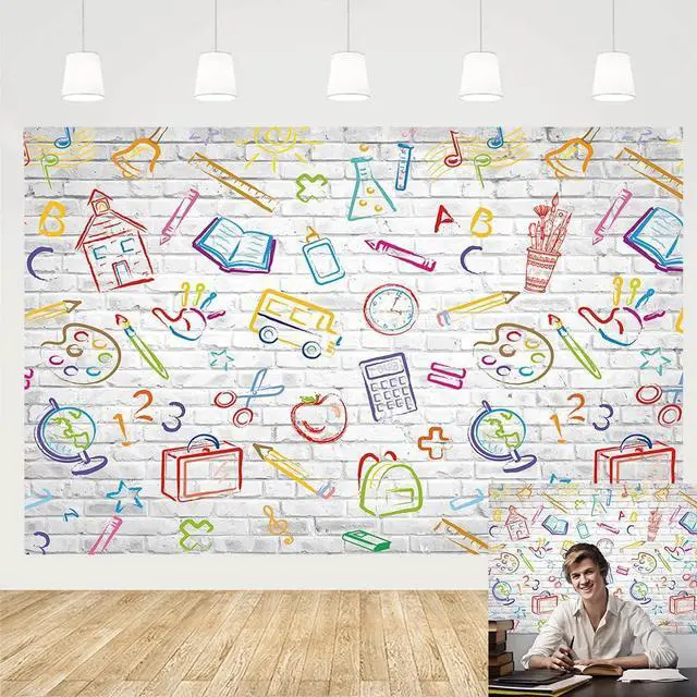 Main image of Back to School Backdrop Hand Painted Pencils Books White Brick Wall Banner | Back to School Photography Background First Day of School Banner Online Teaching Party Decorations Photoshoot Studio Props