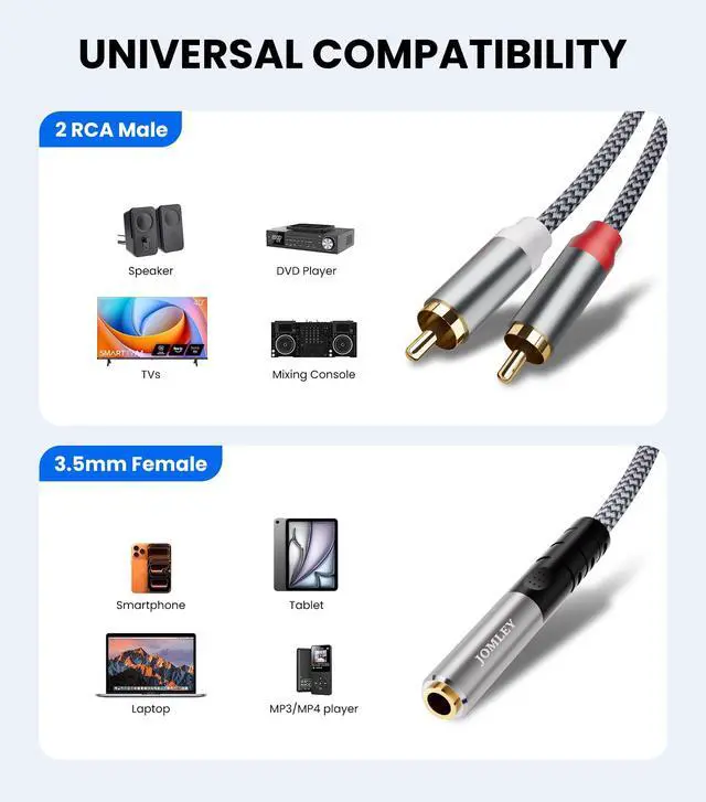 Alt view image 6 of 7 - 3.5mm Female to 2 RCA Male Stereo Audio Cable 1FT, Gold Plated RCA to 3.5mm Female Jack Adapter Y Splitter Aux Cord for Smartphones, MP3 Players, Tablets, Speakers, Home Theater