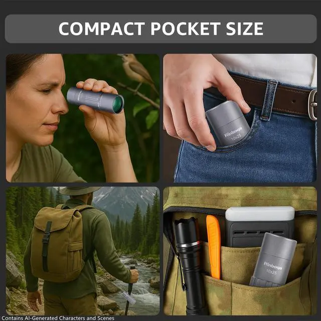 Alt view image 5 of 7 - 10x25 Monocular Telescope, Mini Pocket Small Size Compact Handheld Portable Lightweight ED Glass HD Optics BAK-4 Roof Prism High Powered Waterproof for Adults Camping Hiking Travel Bird Watching