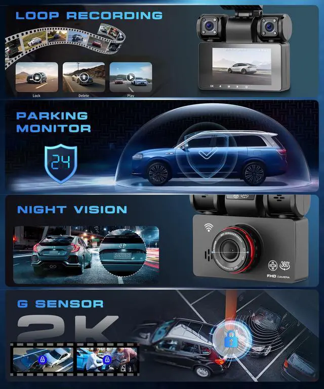 Alt view image 2 of 7 - 4 Channel 360° Dash Cam, 2K Front 1080P Rear Left Right, 3" IPS Screen, 5G WiFi APP Control, 8 IR Night Vision, G-Sensor, Loop Recording, 24/7 Parking Monitoring for Cars, Trucks, SUVs